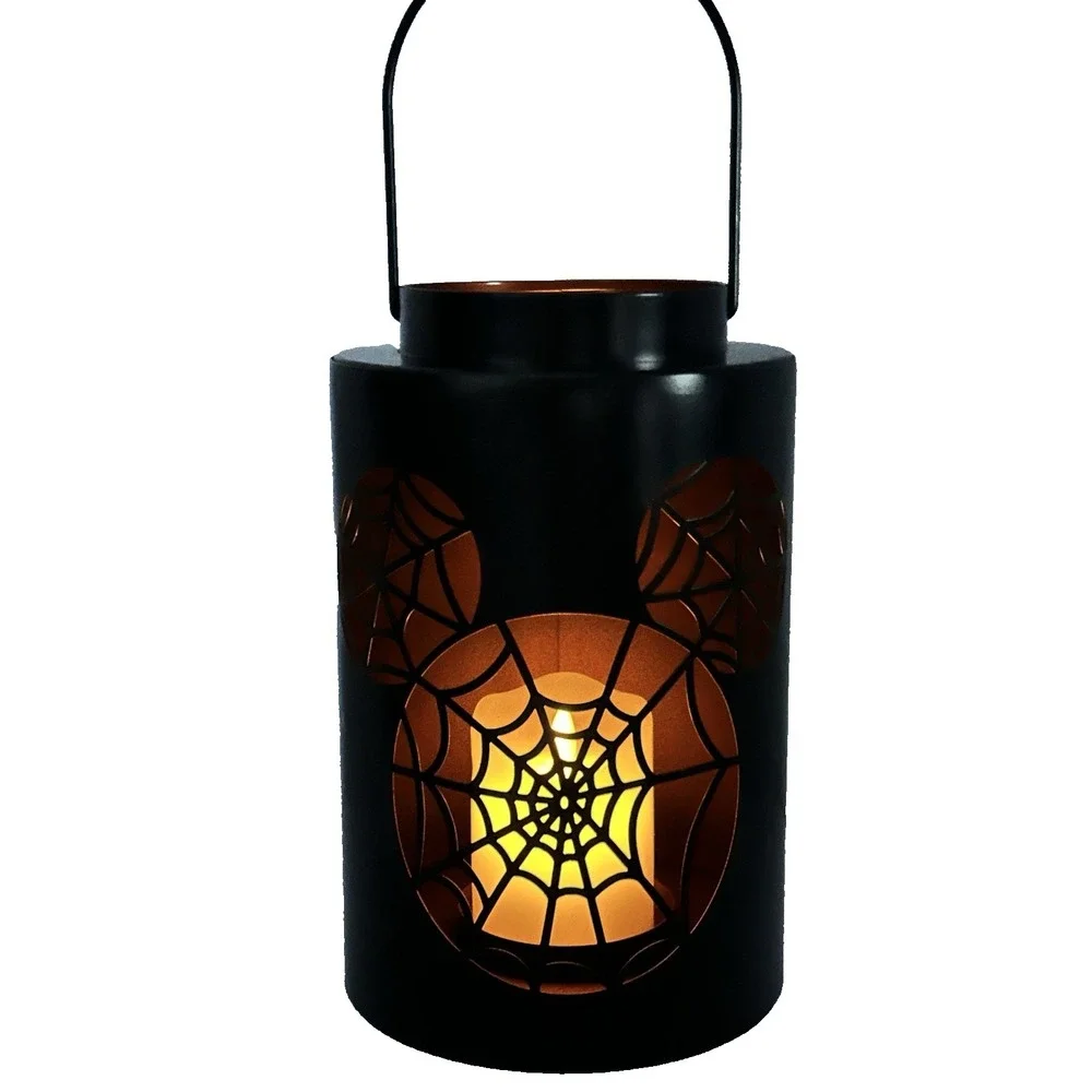 Disney Halloween Metal Lantern Mickey Spiderweb Cutout Black LED Holder NEW